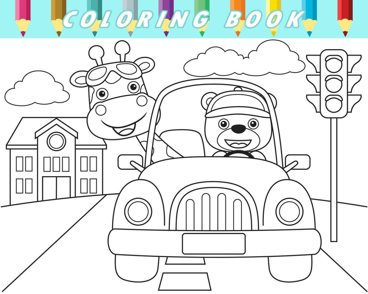 Coloring book of funny bear with giraffe on car in city road. Vector cartoon illustration