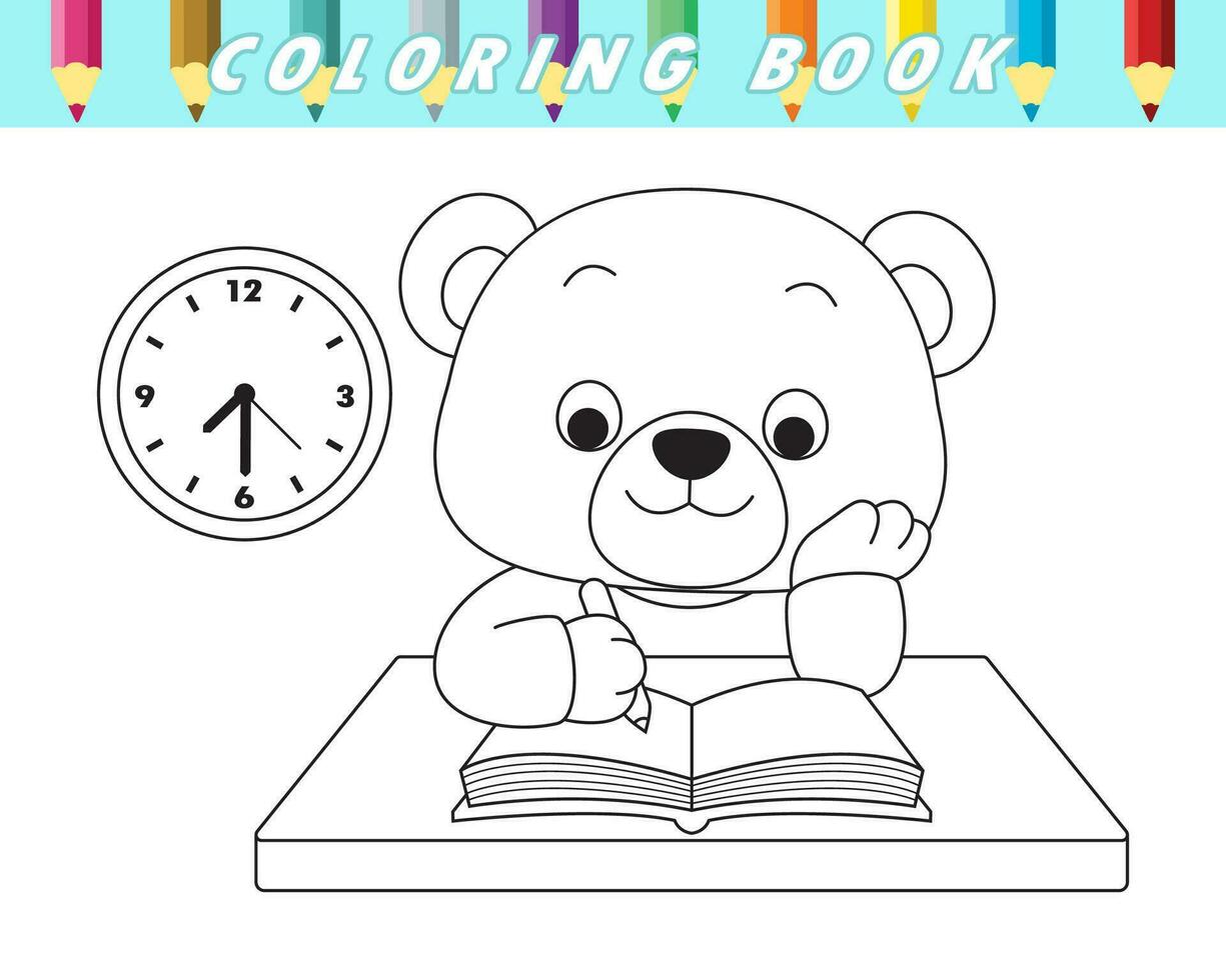 Coloring book of cute bear writing on table. Vector cartoon illustration