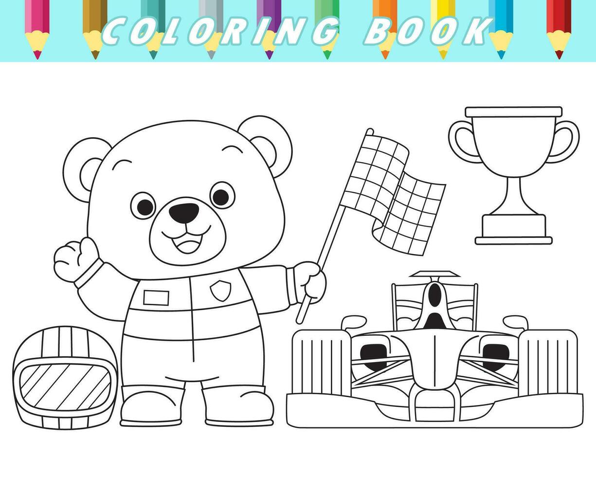 Coloring book of cute bear in racer costume with car racing elements. Vector cartoon illustration