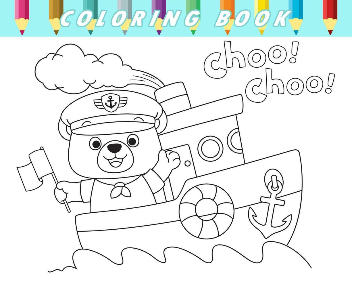 Coloring book for children. Cute bear in sailor uniform on boat. Vector cartoon illustration