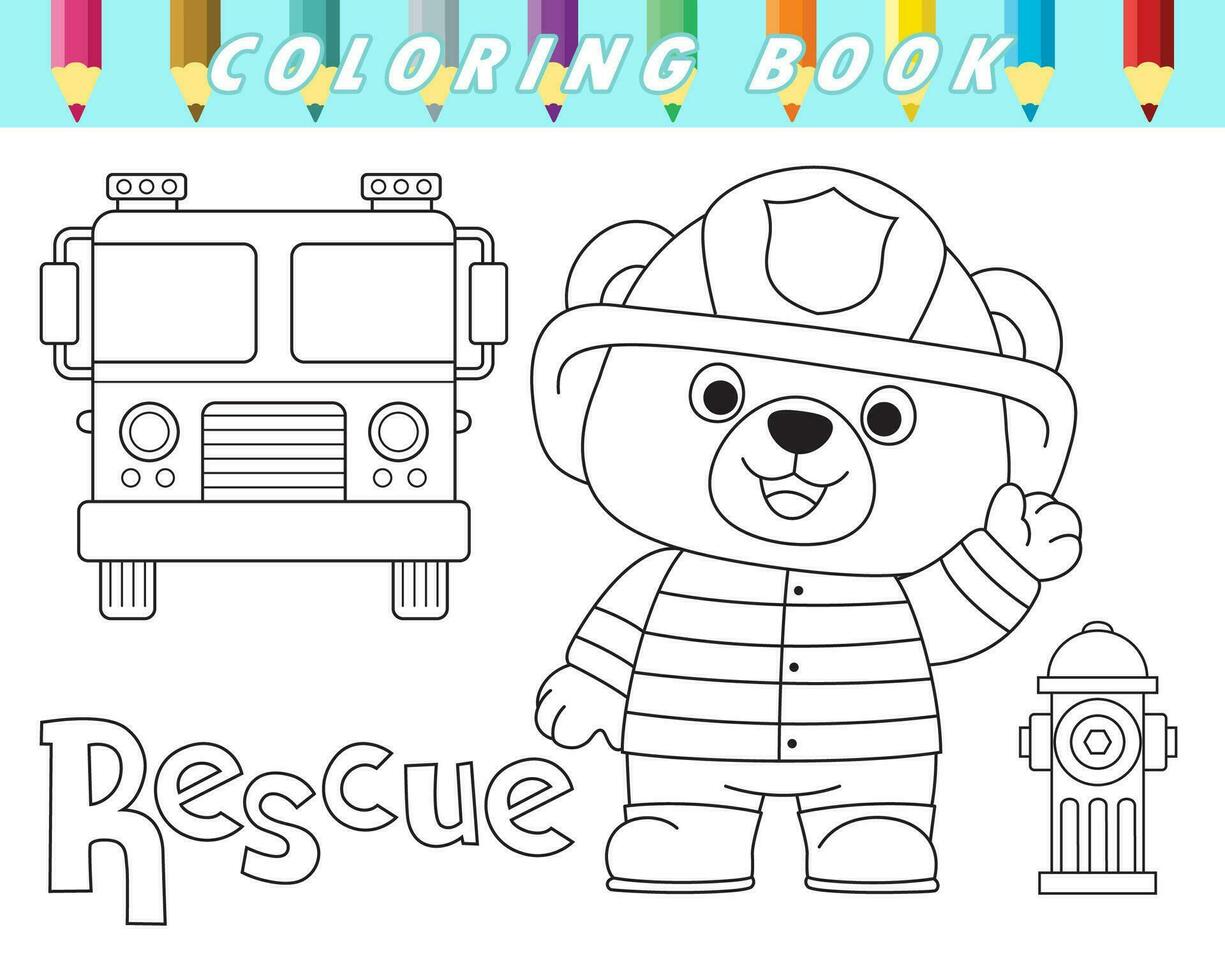 colorante libro de linda oso en bombero uniforme con fuego camión y boca de aguas. vector dibujos animados ilustración
