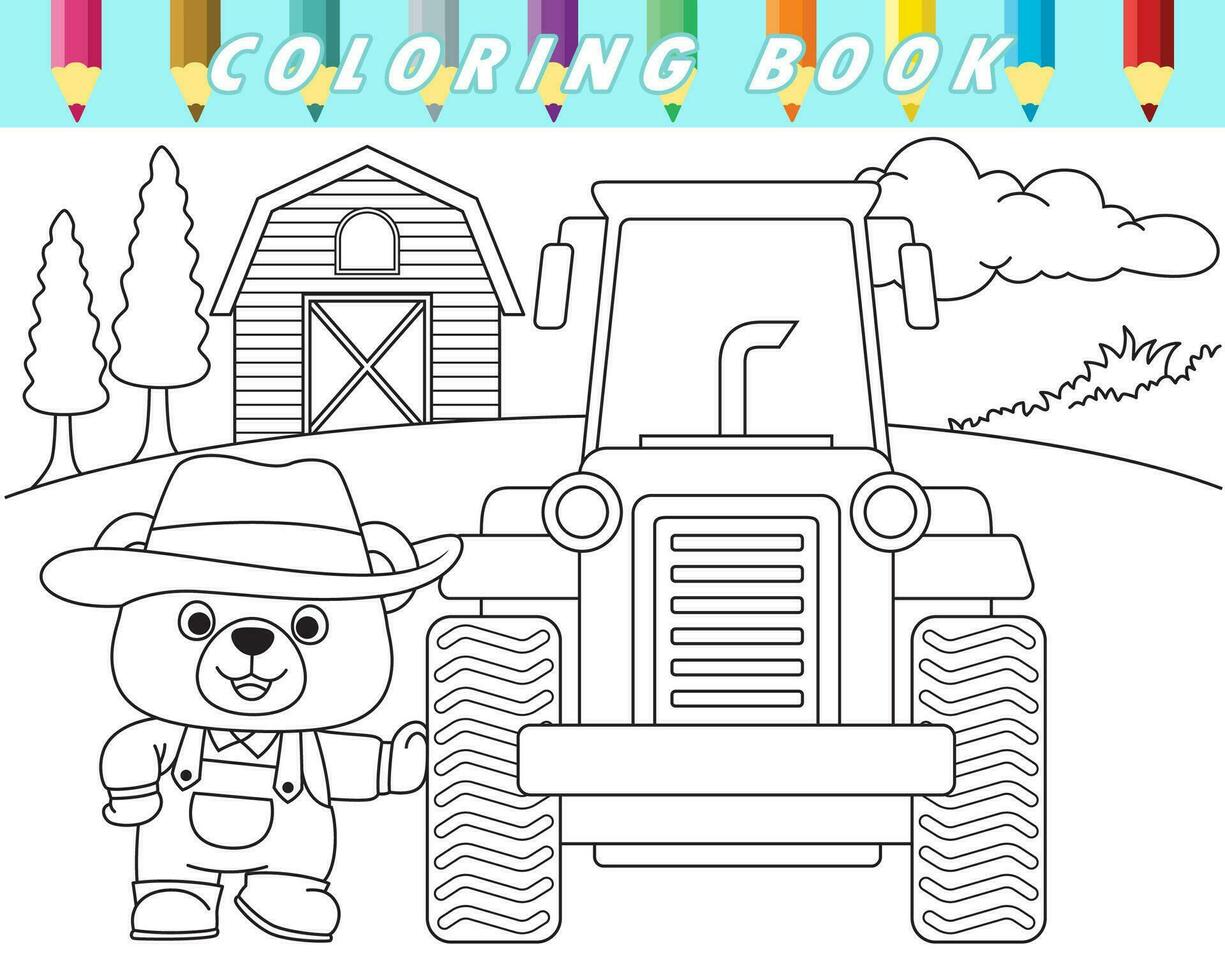 Coloring book of cute teddy bear with tractor on farm field background. Vector cartoon illustration