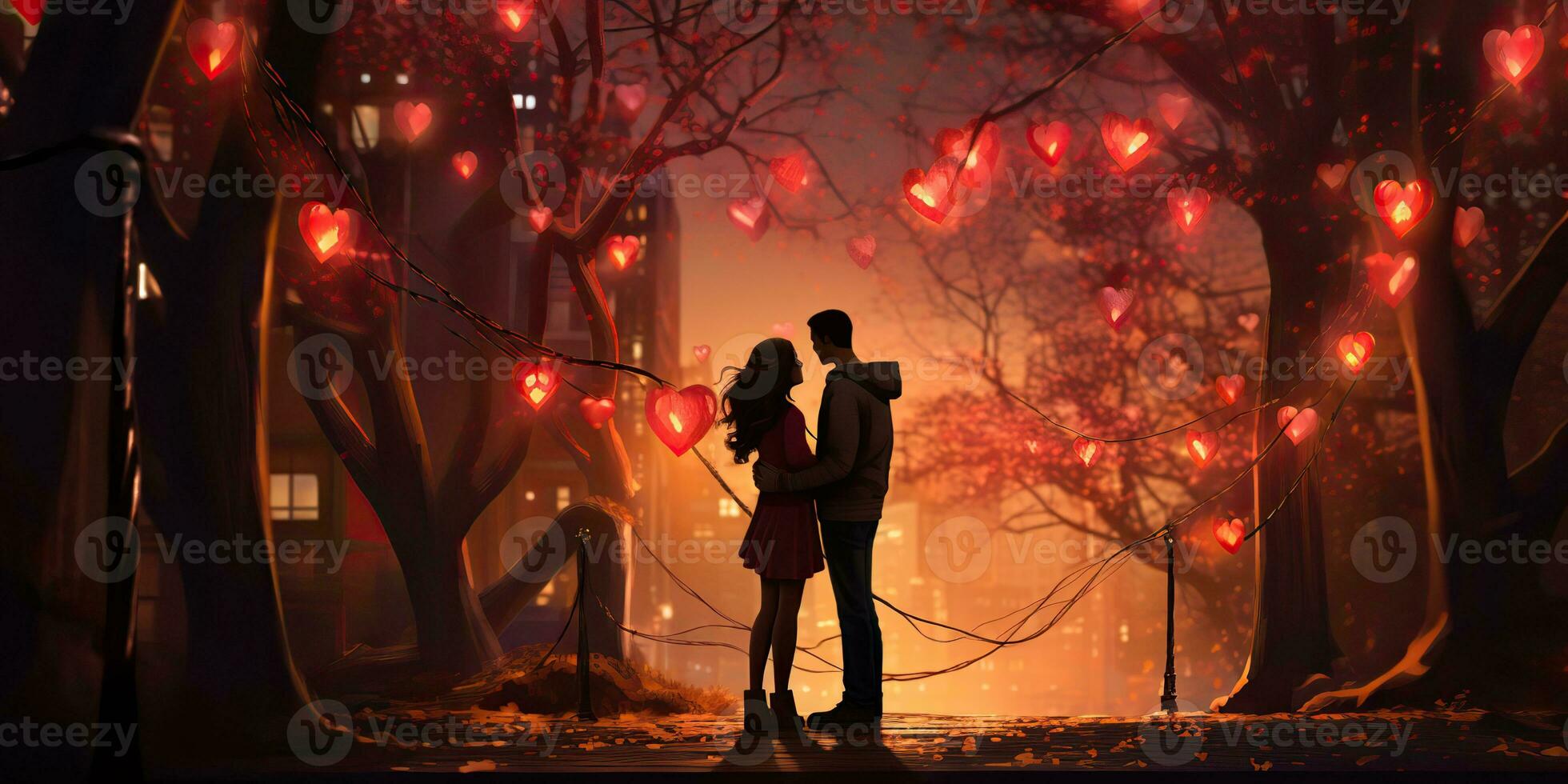 AI Generated. AI Generative. Couple hug each other at night with light glowing. Romantic love Valentines day relationships background. Graphic Art photo