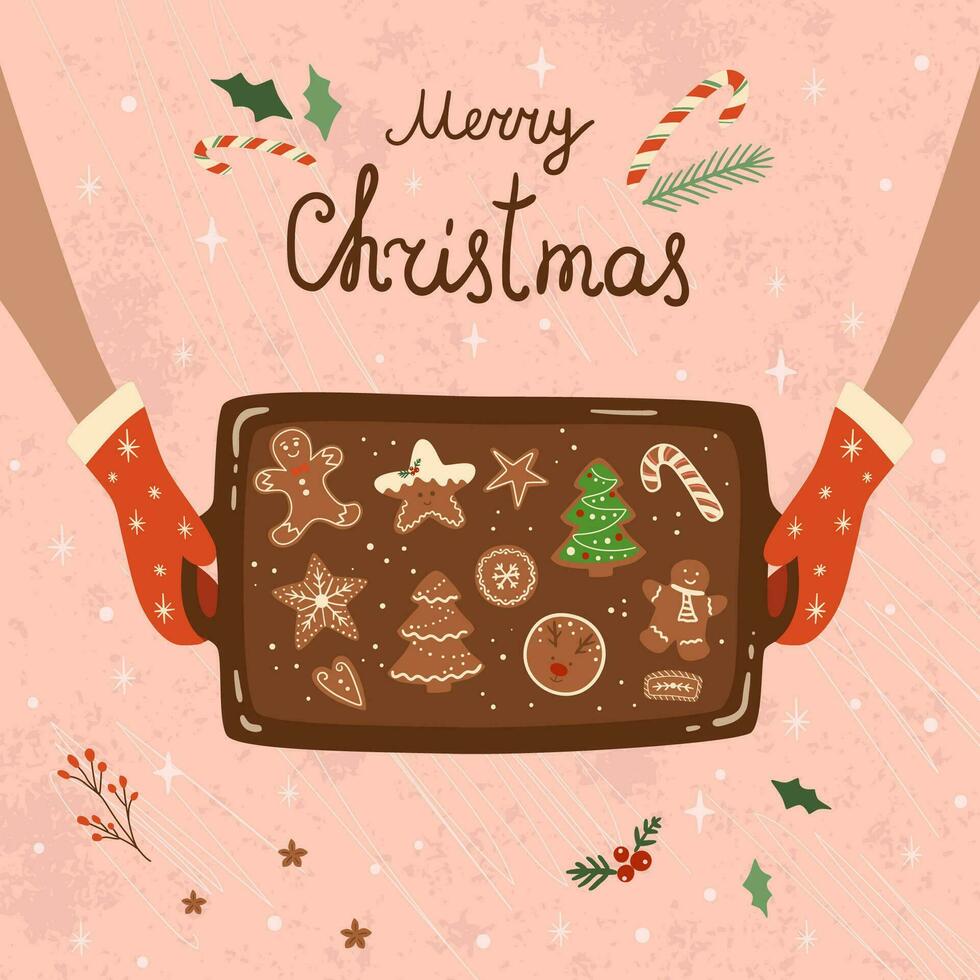 Baking tray with Christmas cookies card. Hands holding oven tray with different types of gingerbreads. Cute baked Christmas cookies. Hand drawn vector Illustration. Top view tasty winter postcard.
