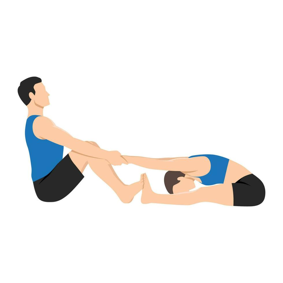 Young couple doing seated forward bend pose , paschimottanasana yoga exercise. vector
