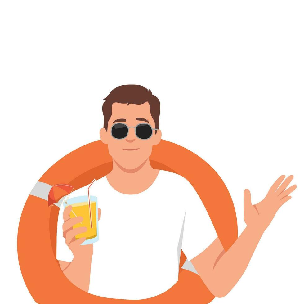 Attractive handsome young excited man wearing swim shorts, life buoy, sunglasses drinking coctail or orange juice. Buoy tires. vector