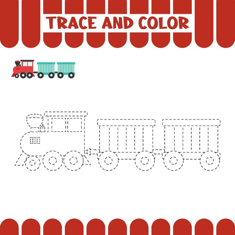 Trace train. Tracing educational page for kids. Handwriting practice activity worksheet for preschoolers vector