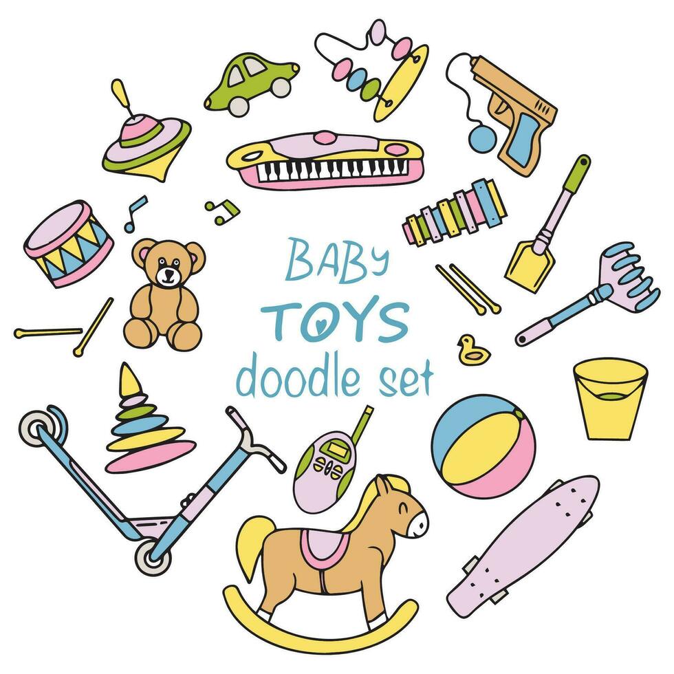 Set of children's toys. Bright toys in doodle style. Vector illustration. Vector
