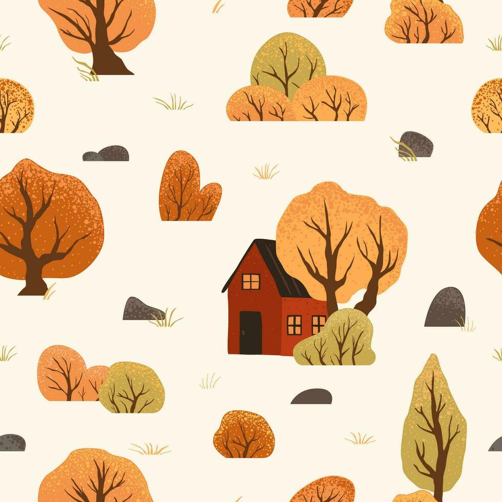 Seamless pattern with autumn trees, bushes  and a house. Scandinavian style nature illustration. Fall landscape background. Vector illustration for textile,wallpaper, fabric design, wrapping paper