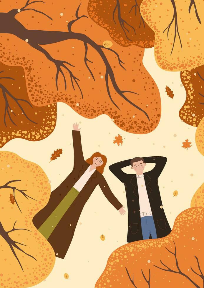 hombre y mujer mentira debajo otoño arboles tarjeta con un Pareja acostado en el suelo, parte superior vista. marido y esposa son descansando en el otoño bosque. plano vector ilustración