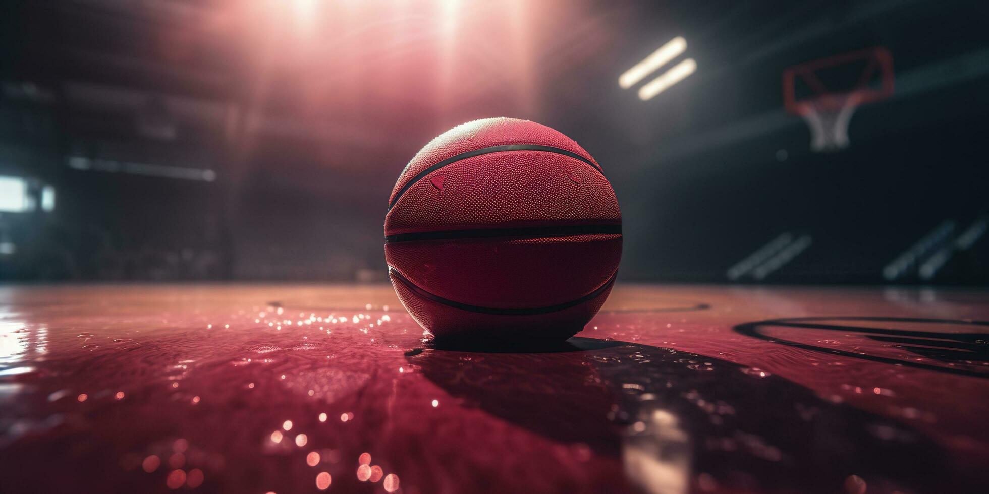 Generative AI, Basketball ball on the court with water splash and sunlight, closeup photo