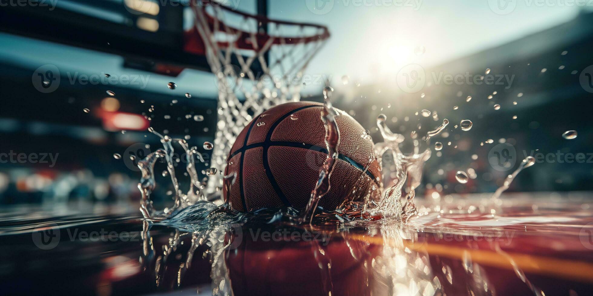Generative AI, Basketball ball on the court with water splash and sunlight, closeup photo