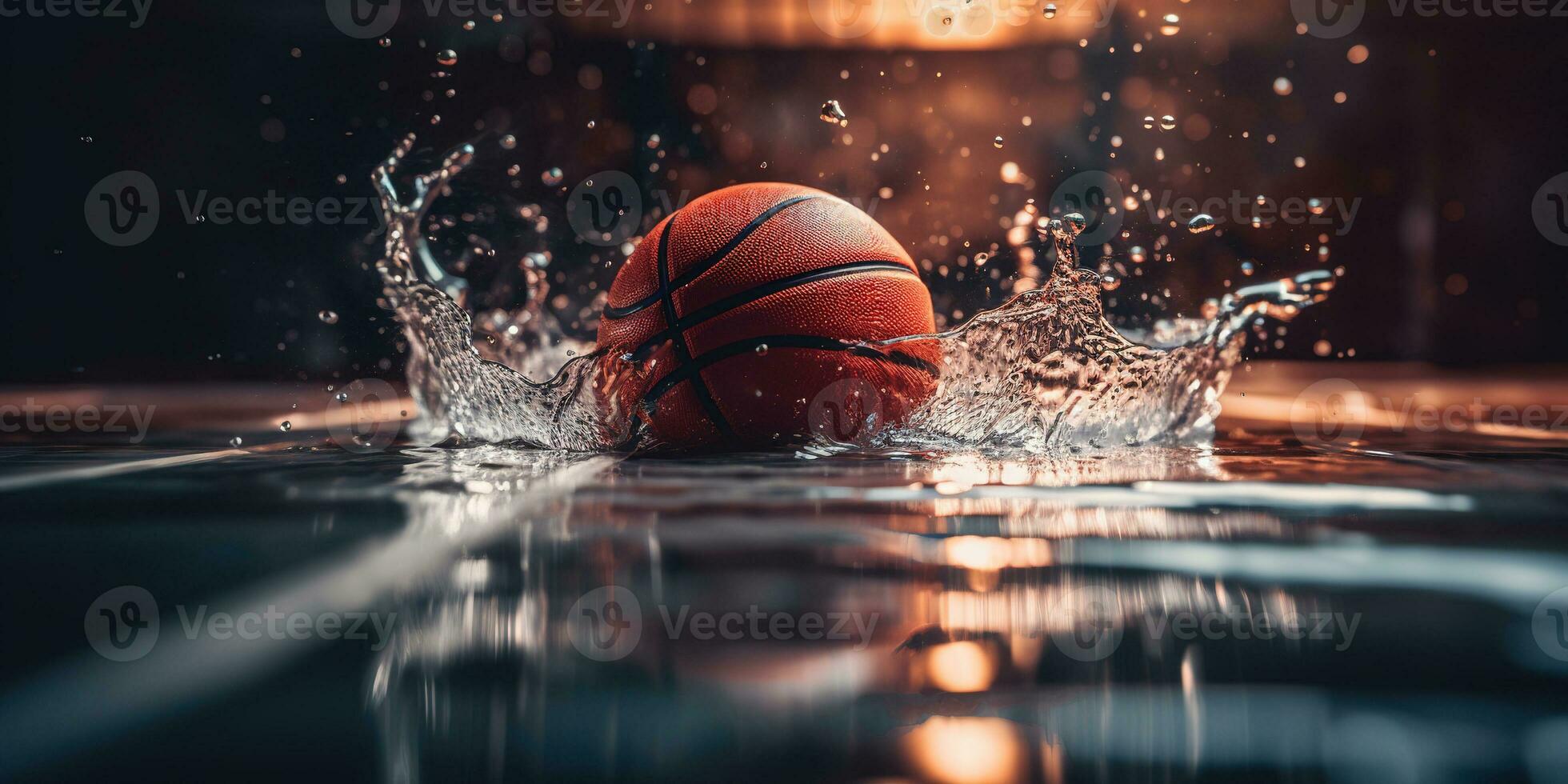 generativo ai, baloncesto pelota en el Corte con agua chapoteo y luz de sol, de cerca foto