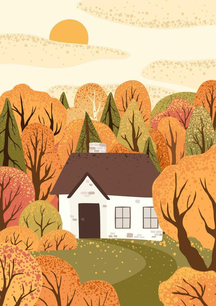 Scene with autumn trees and bushes and house. Countryside landscape. Isolated on white background. Autumn nature. Stock flat vector illustration