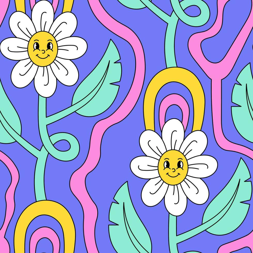 Psychedelic groovy chamomile seamless pattern vector