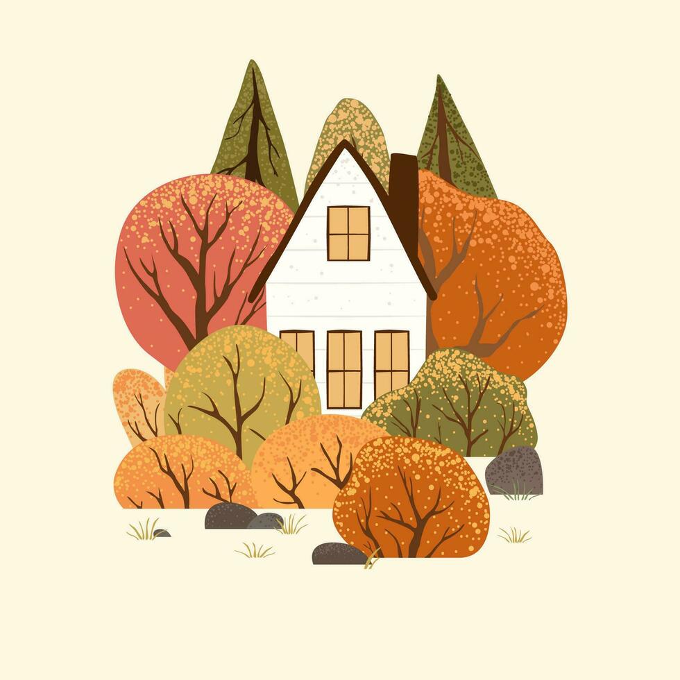 Scene with autumn trees and bushes. Countryside landscape. Isolated on white background. Autumn nature. Stock vector illustration