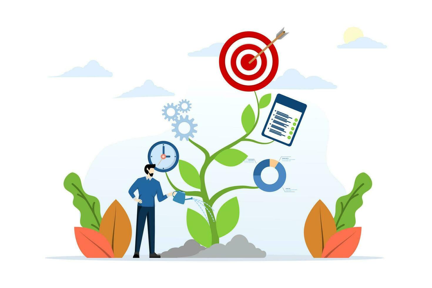 business development plan concept, management or strategy to achieve targets, growth or business growth, success planning, businessman watering seed plants with processes and tasks towards success. vector