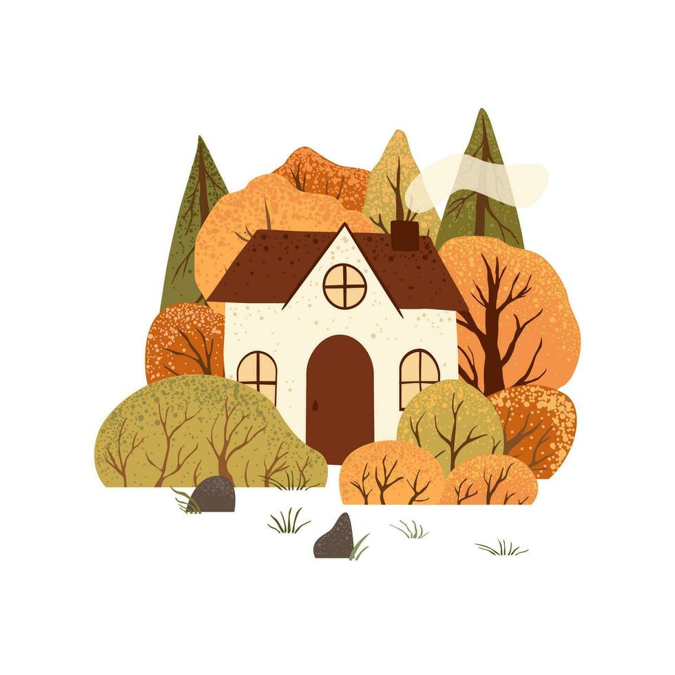 Scene with autumn trees and bushes and house. Countryside landscape. Isolated on white background. Autumn nature. Stock flat vector illustration