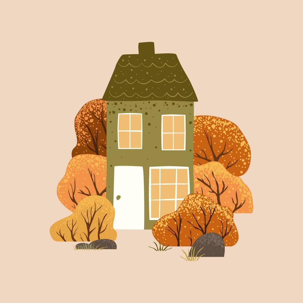 Scene with autumn trees and bushes and house. Countryside landscape. Isolated on white background. Autumn nature. Stock flat vector illustration