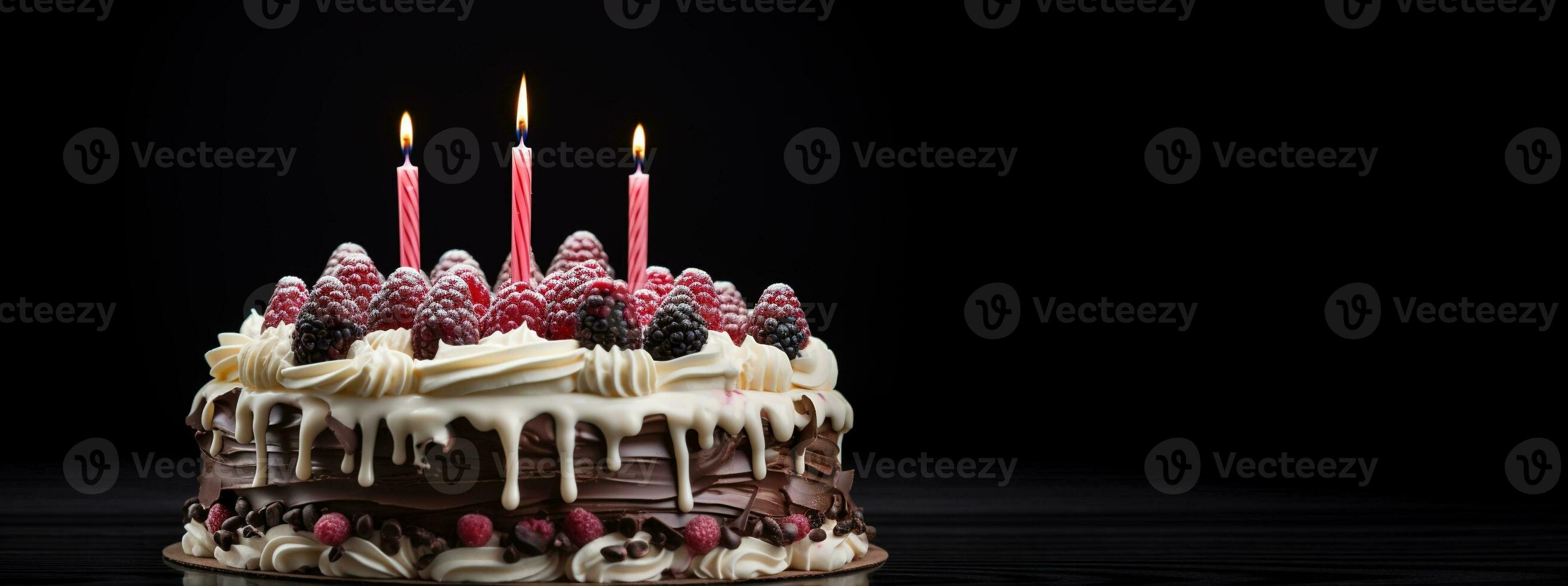 Generative AI, Birthday beautiful cake with fruit and candles, banner for congratulations photo