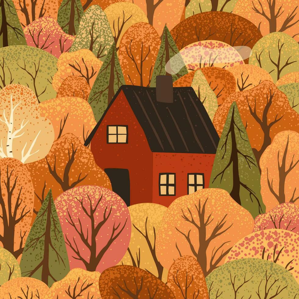 Scene with autumn trees and bushes and red house. Countryside landscape. Isolated on white background. Autumn nature. Stock flat vector illustration