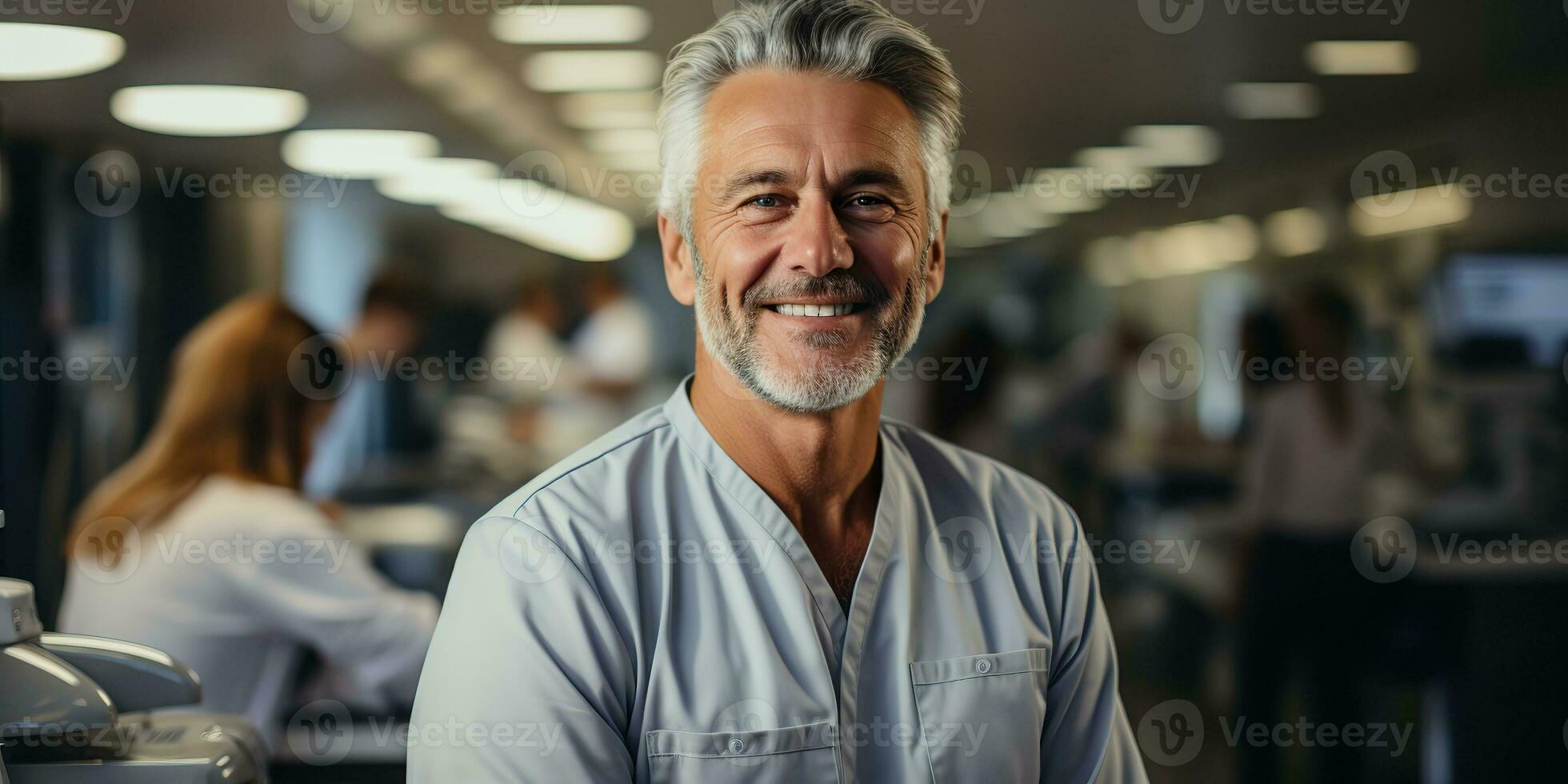 AI Generated. AI Generative. Adult male man doctor dentist face portrait at work place. Health care hospital center. Graphic Art photo