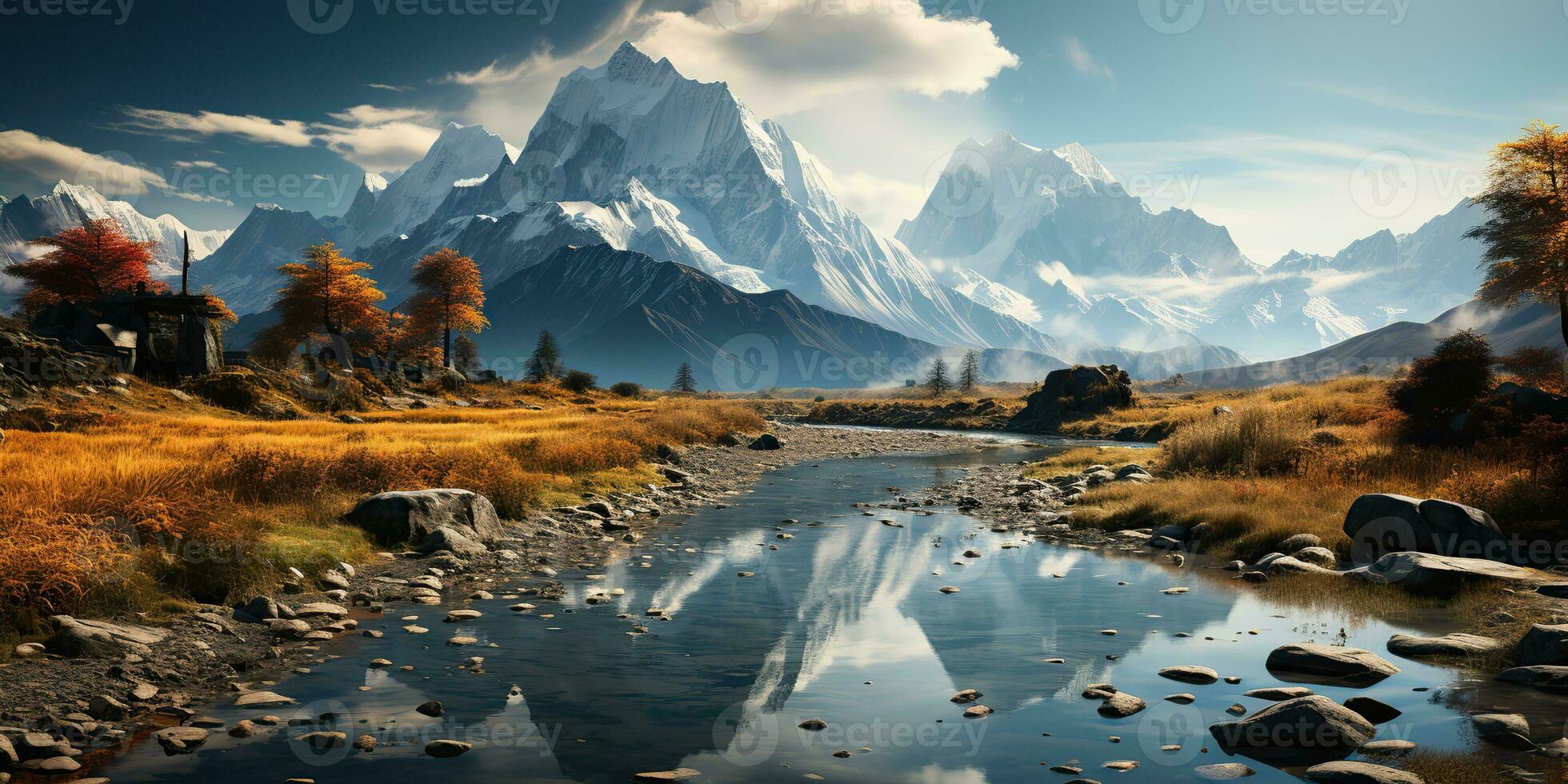 AI Generated. AI Generative. Wild nature outdoor mountain lake meadow landscape background. Adventure explore journey inspiration. Graphic Art photo