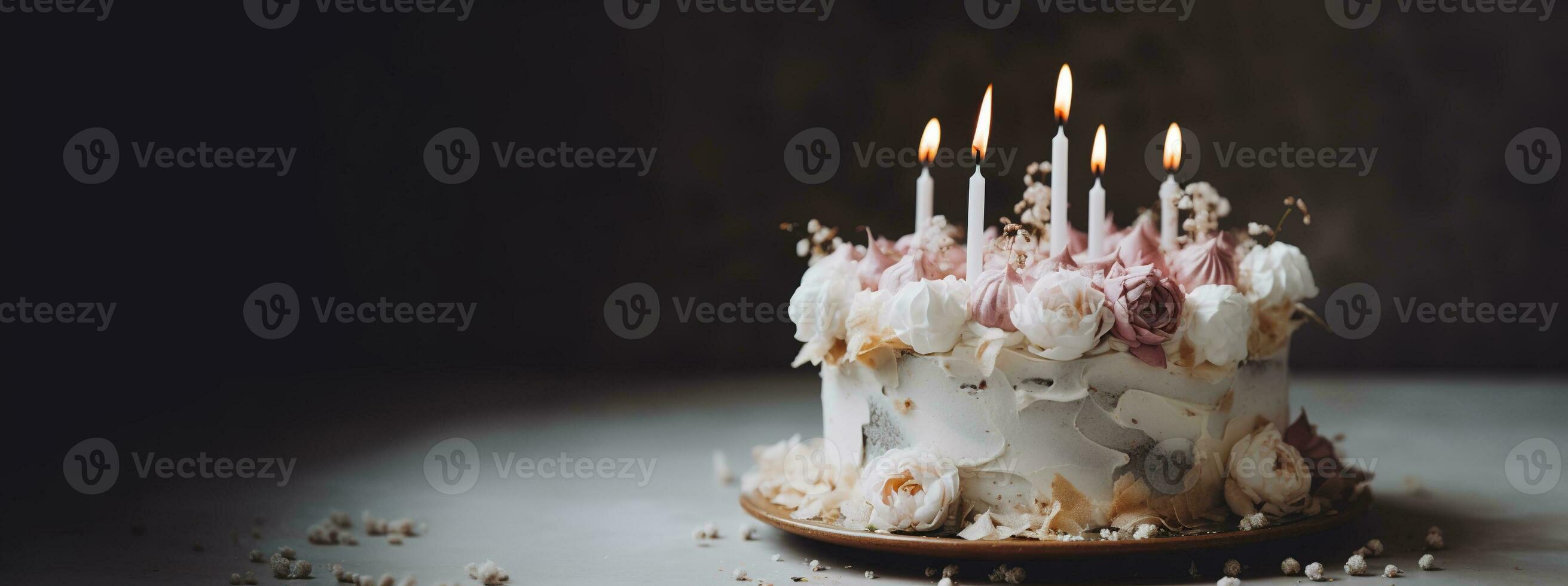 Generative AI, Birthday beautiful cake with flowers and candles, aesthetic muted colors photo