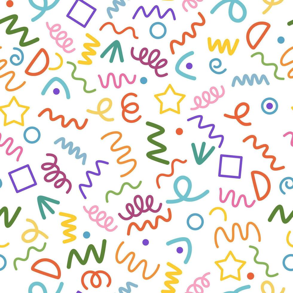 Abstract confetti shapes seamless pattern. Creative minimalist style art background for children or trendy design with basic shapes. Simple party confetti texture, childish scribble shape backdrop. vector