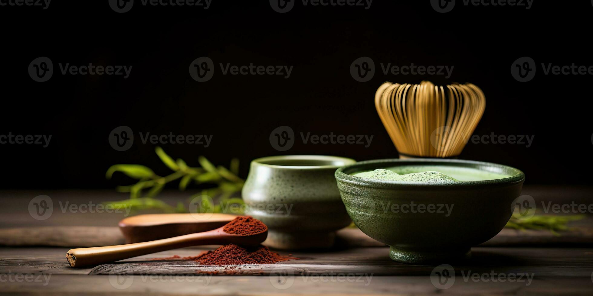 AI Generated. AI Generative. Traditional japanese asian matcha tea ceremony. Bowl, wooden dry organic spoon powder. Graphic Art photo