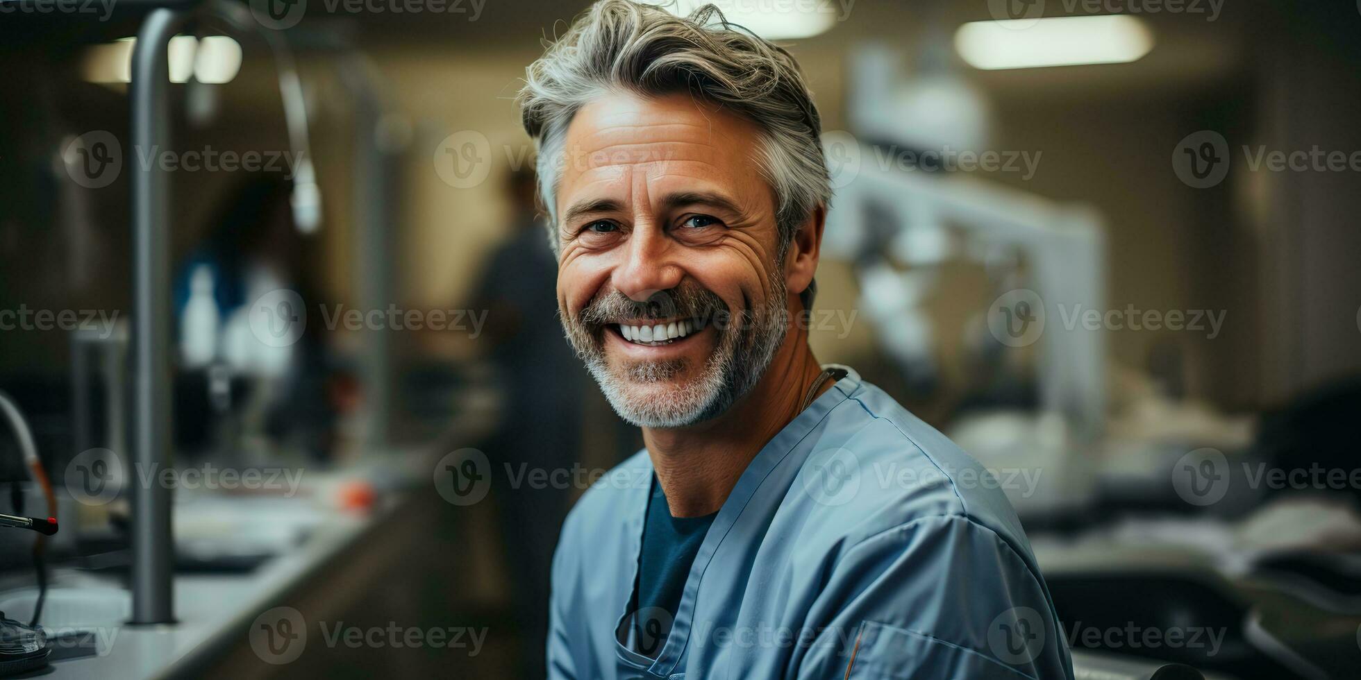 AI Generated. AI Generative. Adult male man doctor dentist face portrait at work place. Health care hospital center. Graphic Art photo
