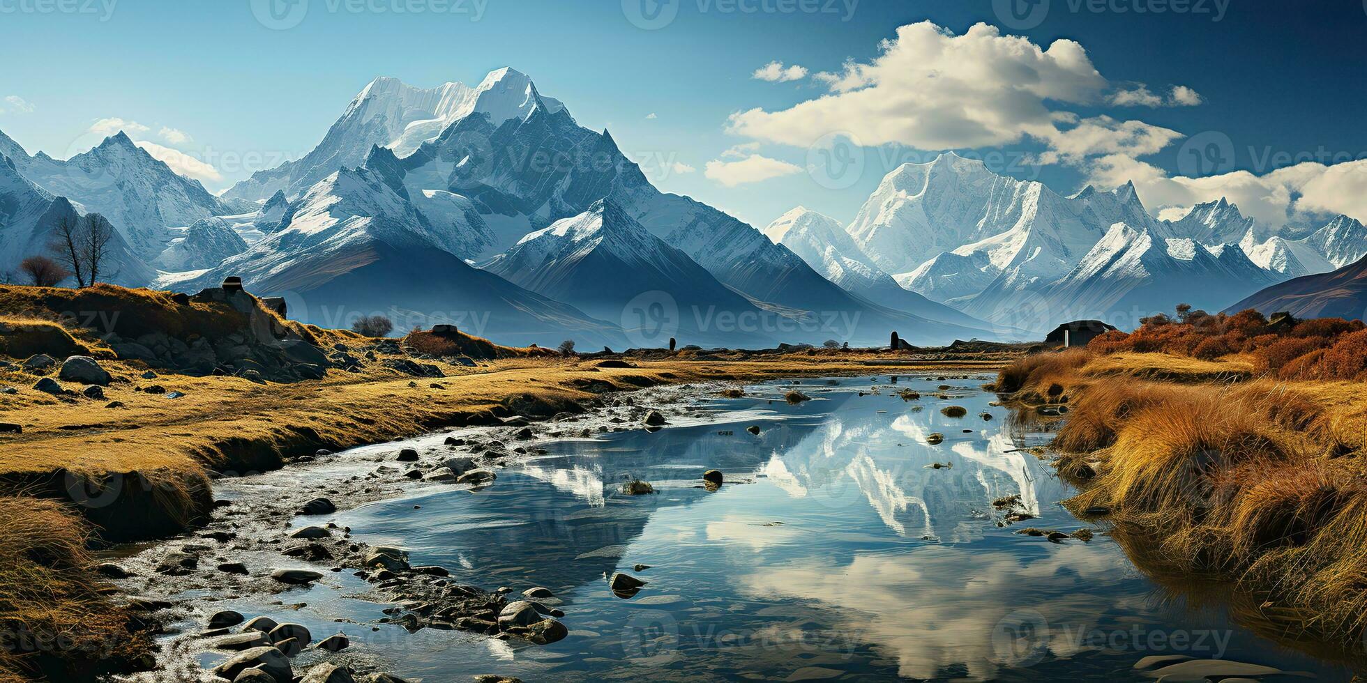 AI Generated. AI Generative. Wild nature outdoor mountain lake meadow landscape background. Adventure explore journey inspiration. Graphic Art photo