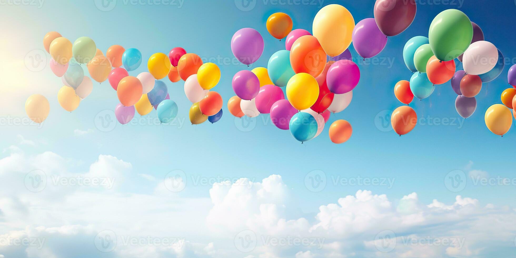 AI Generated. AI Generative. Many helium balloons balls in the blue sky flying background. Graphic Art photo