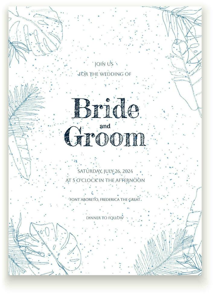 Tropical leaves sketch outline textured background wedding invitation vector