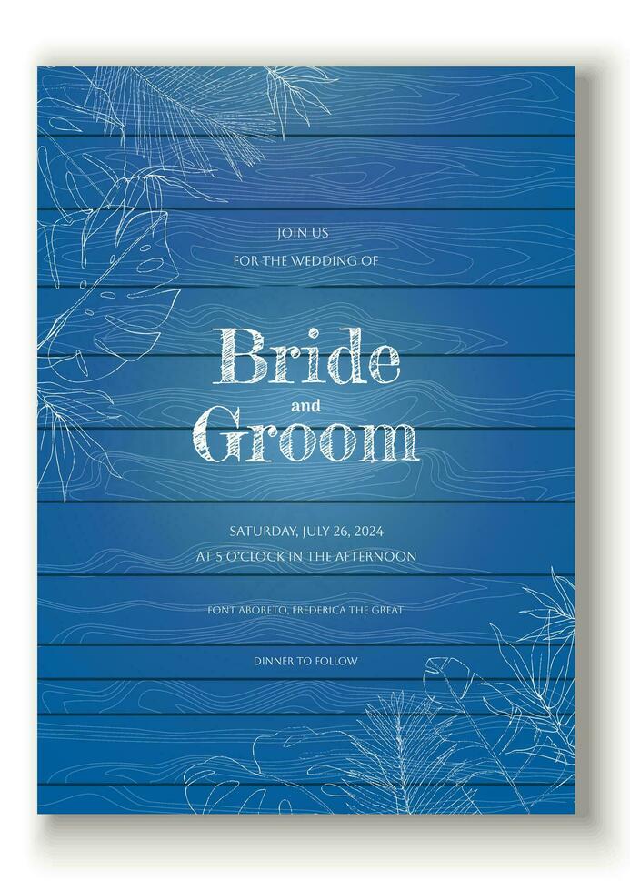 tropical hojas bosquejo contorno en azul madera textura Boda invitación vector