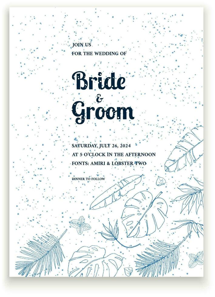Tropical leaves sketch outline textured background wedding invitation vector