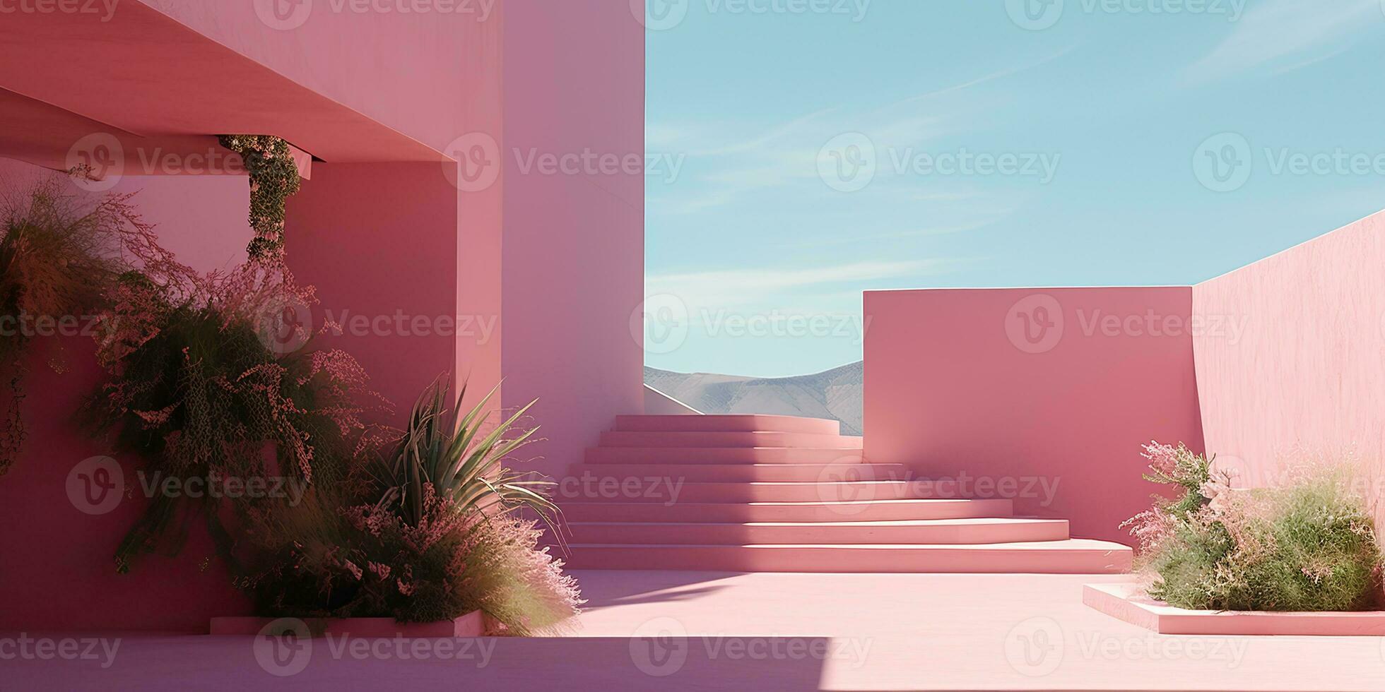 AI Generated. AI Generative. Pink wall botanical flowers plant architecture. Luxury cozy minimal vibe background. Graphic Art photo