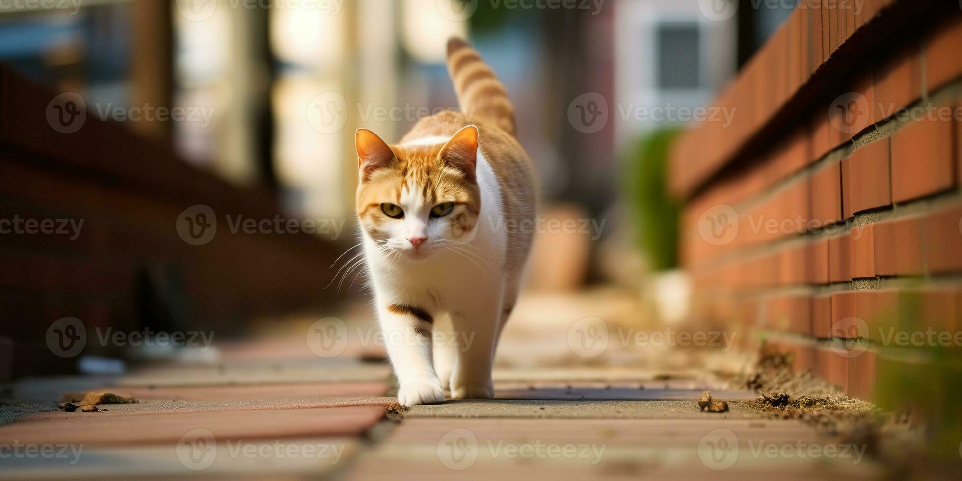 AI Generated. AI Generative. One lonely cat pet walking street city urban background. Graphic Art photo