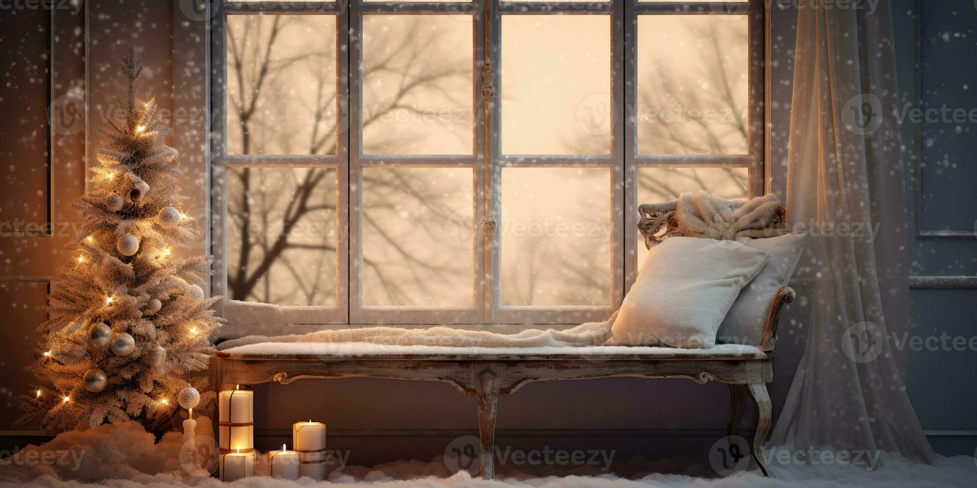 AI Generated. AI Generative. New year xmas Merry Christmas outdoor home house decoration window front celebrate snow winter december season. Graphic Art photo