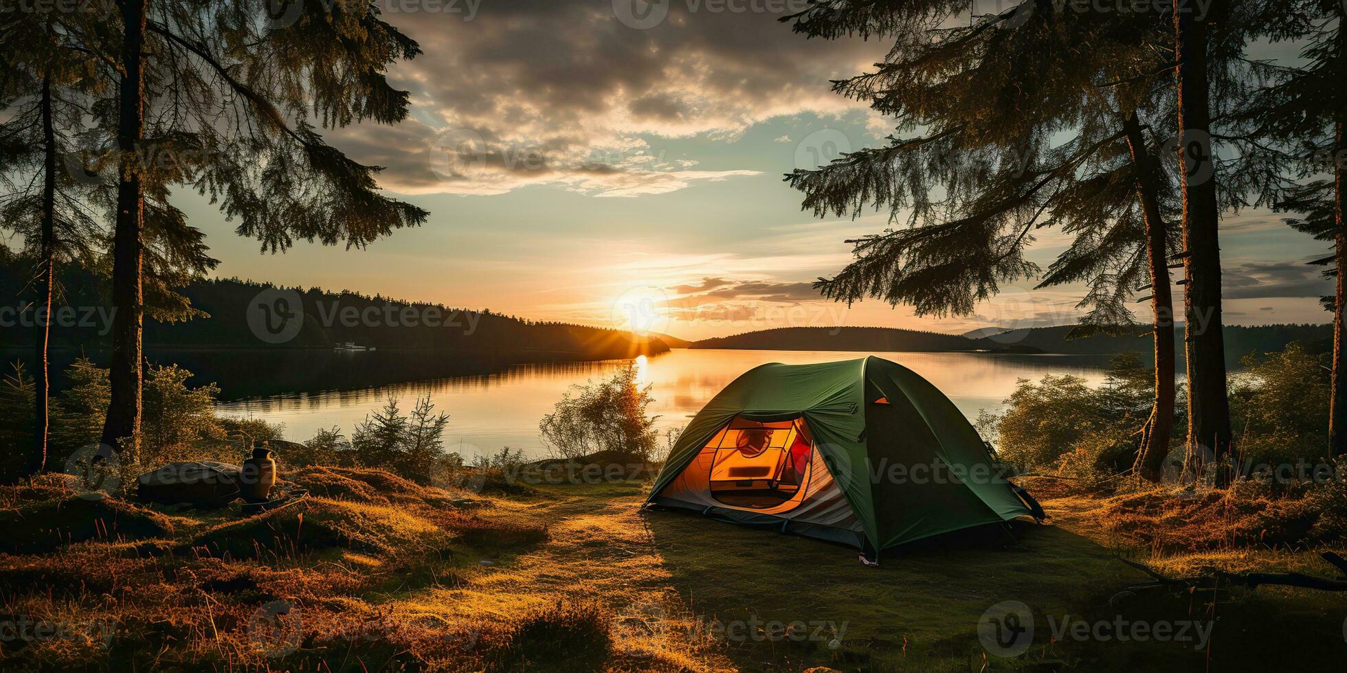 AI Generated. AI Generative. Camping relaxation time tent at lake beautiful landscape background. Adventure vacation rafting time. Graphic Art photo