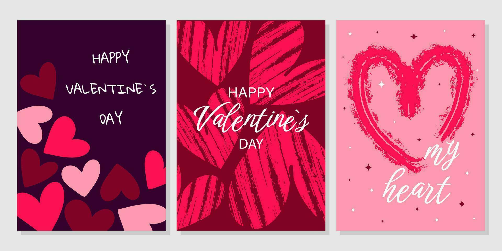 conjunto de tarjetas de felicitación del día de san valentín. corazón de dibujos animados de moda dibujado a mano, letras de amor. ilustración vectorial vector