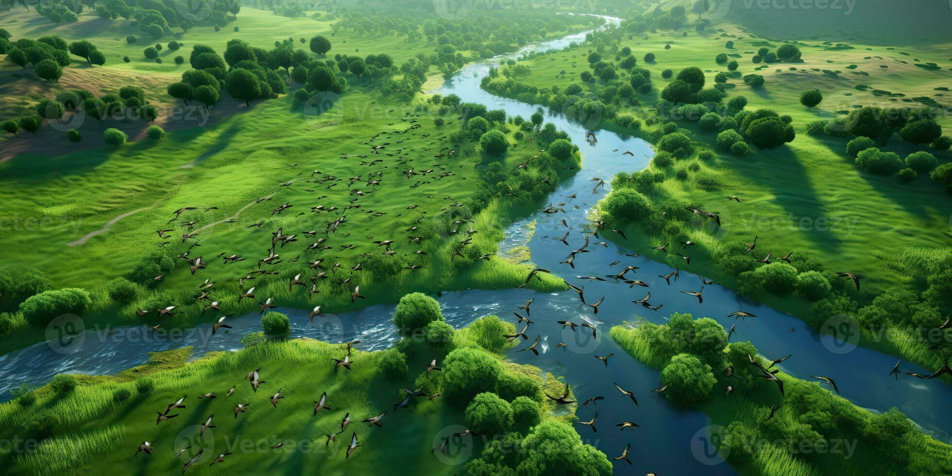 ai generado. ai generativo. increíble aéreo zumbido ver naturaleza al aire libre bosque campo prado con río y aves en el cielo. gráfico Arte foto