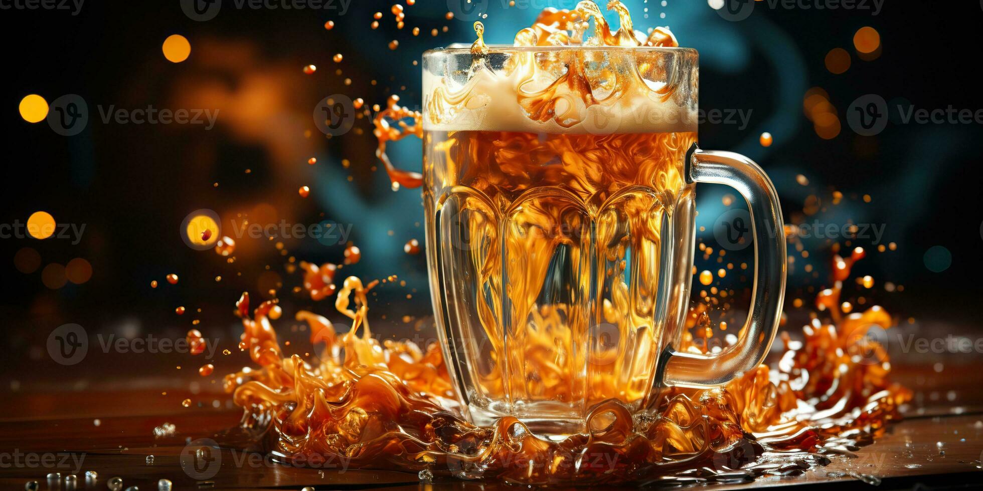 AI Generated. AI Generative. Beer glass mug cup with ice splash on wooden bar pub table. Mock up inspiration. Graphic Art photo