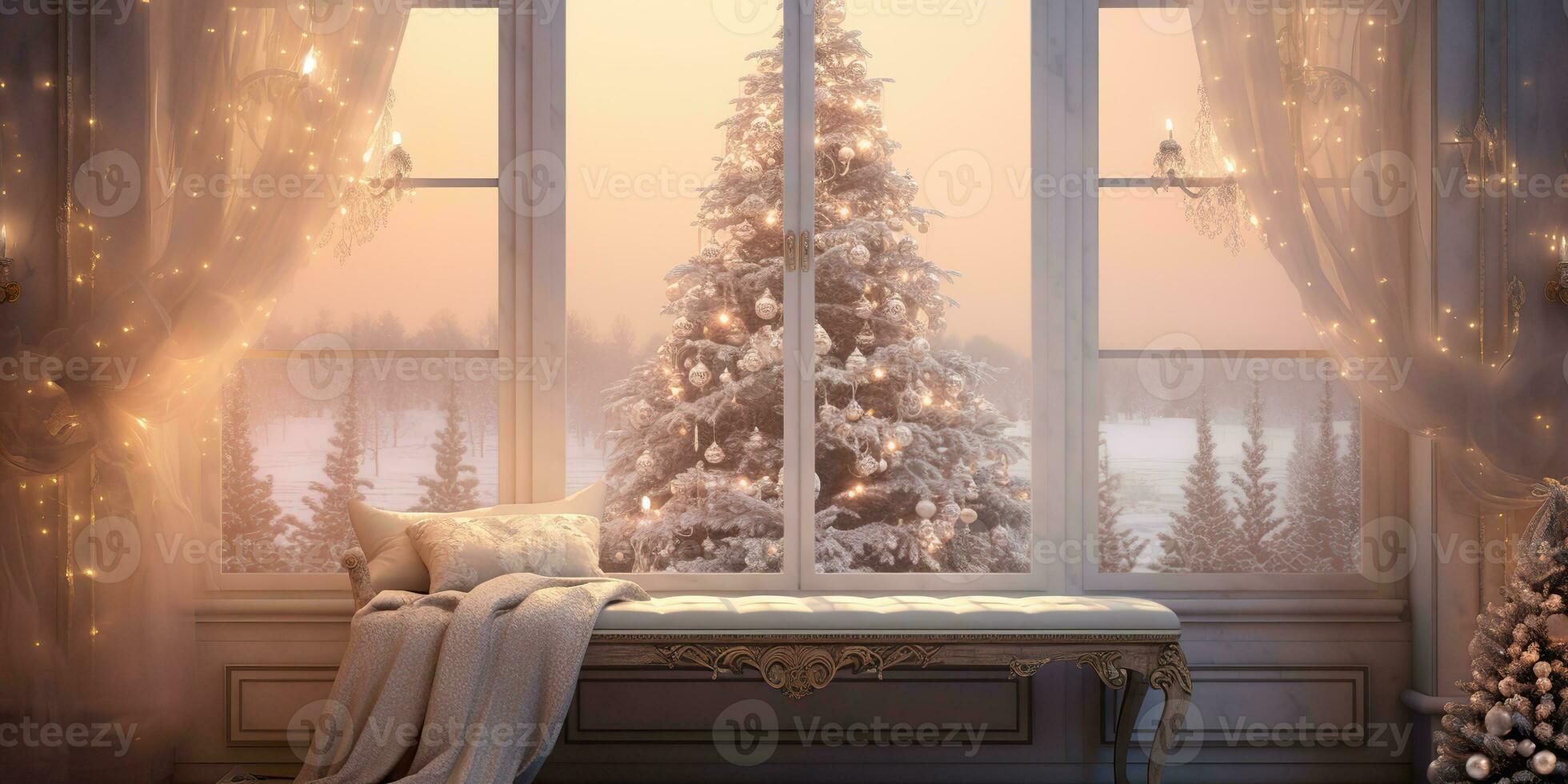 AI Generated. AI Generative. New year xmas Merry Christmas outdoor home house decoration window front celebrate snow winter december season. Graphic Art photo