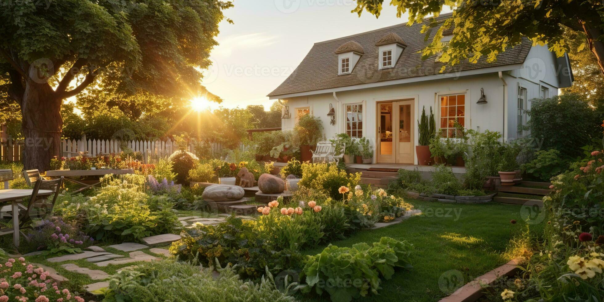 AI Generated. AI Generative. Nature outdoor exterior house garden with cozy table with many plants flowers. Graphic Art photo