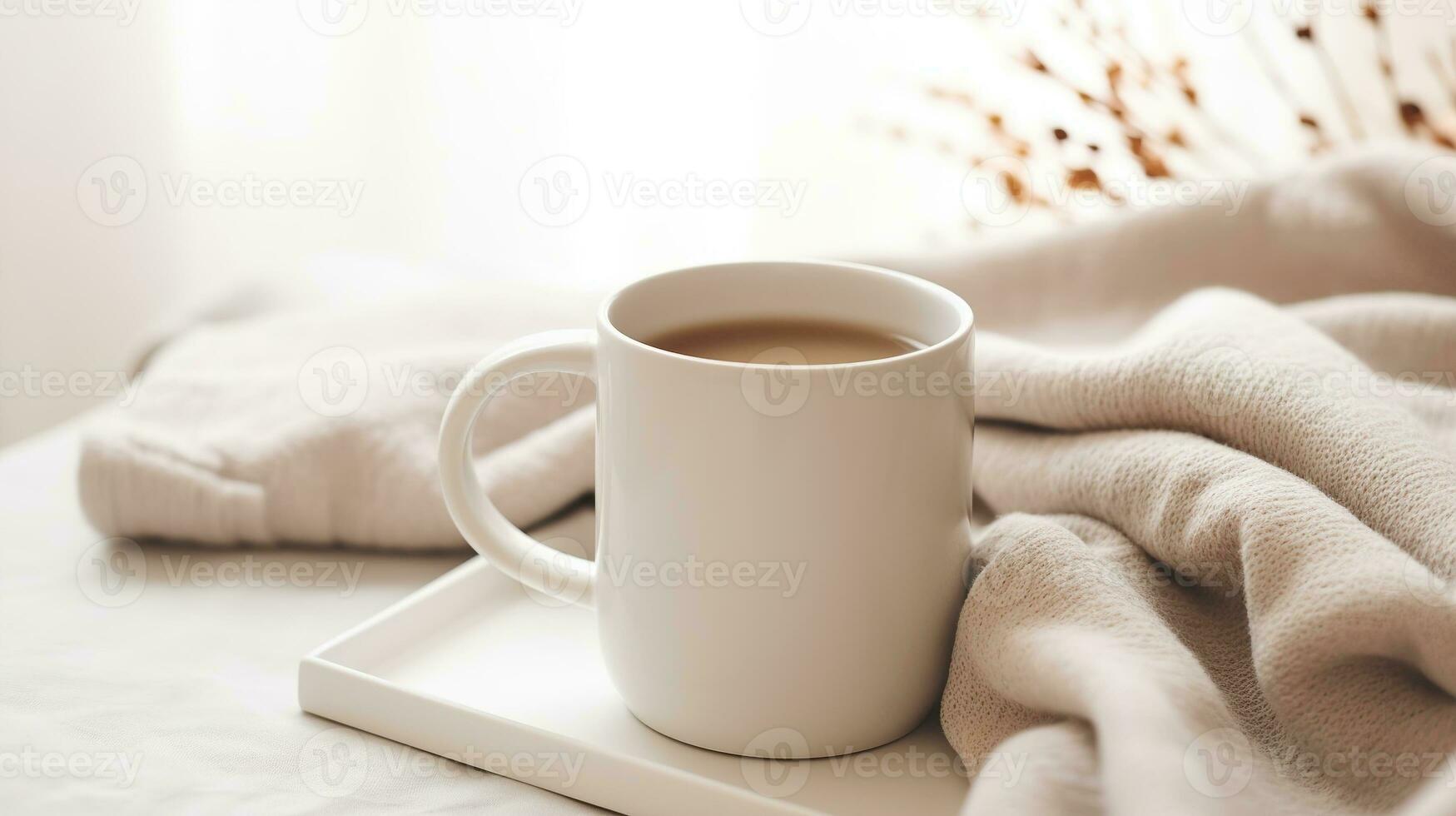 Generative AI, White ceramic cup set-up in at home interior, mug mock up blank, muted neutral colors. photo