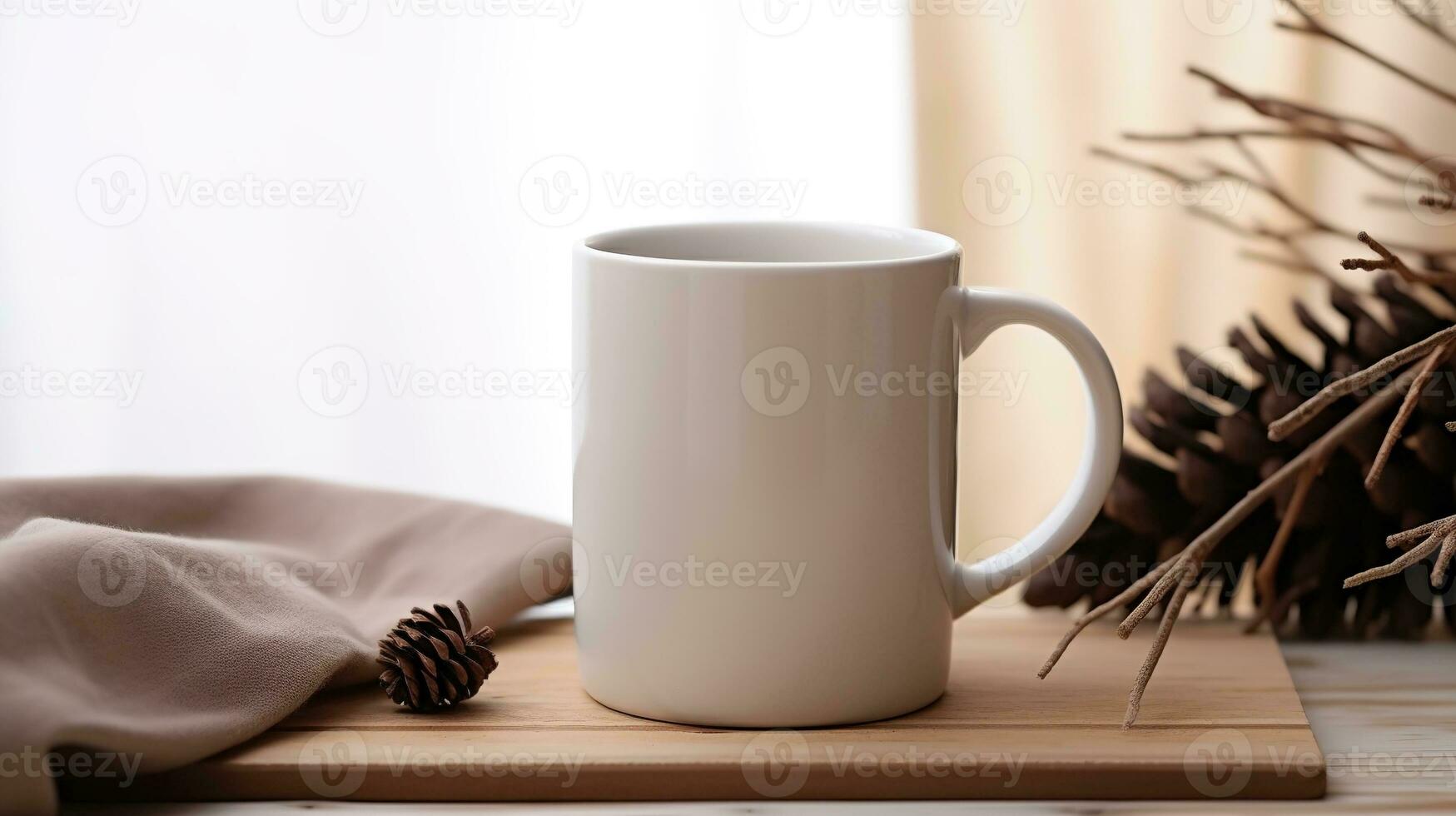 Generative AI, White ceramic cup set-up in at home interior, mug mock up blank, muted neutral colors. photo