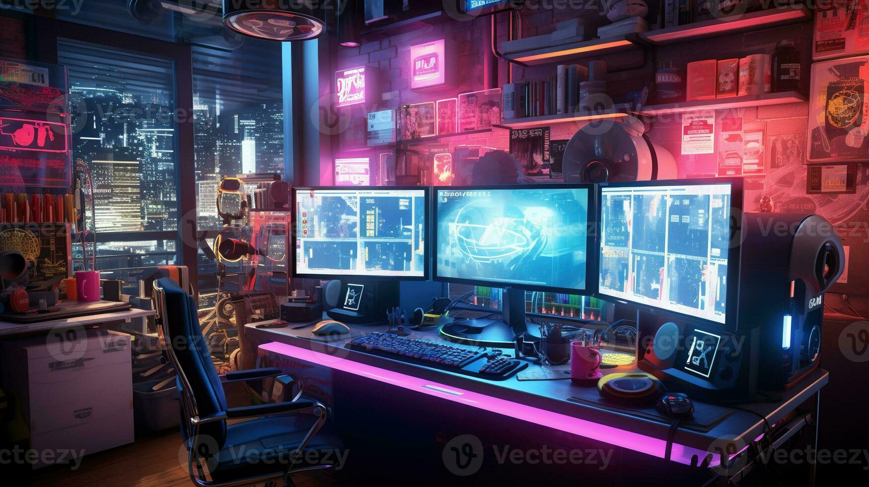 Generative AI, Computer on the table in cyberpunk style, nostalgic 80s, 90s. Neon night lights vibrant colors, photorealistic horizontal illustration of the futuristic interior. Technology concept. photo