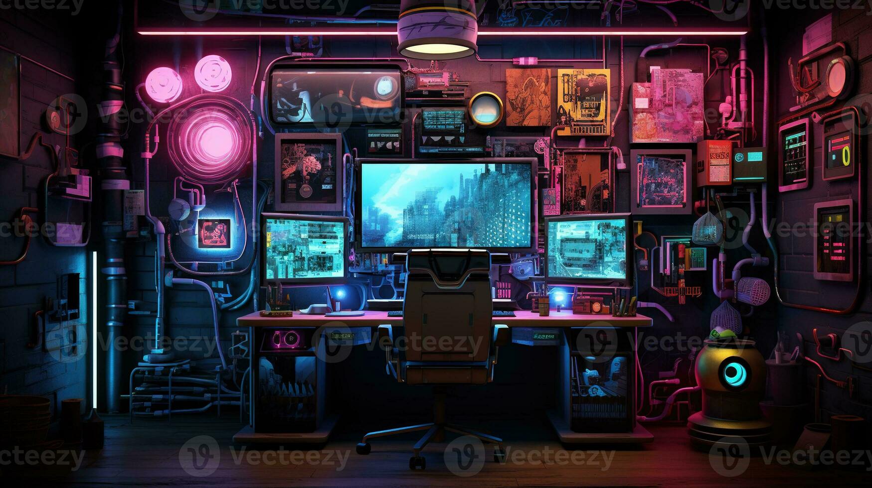 Generative AI, Computer on the table in cyberpunk style, nostalgic 80s, 90s. Neon night lights vibrant colors, photorealistic horizontal illustration of the futuristic interior. Technology concept. photo