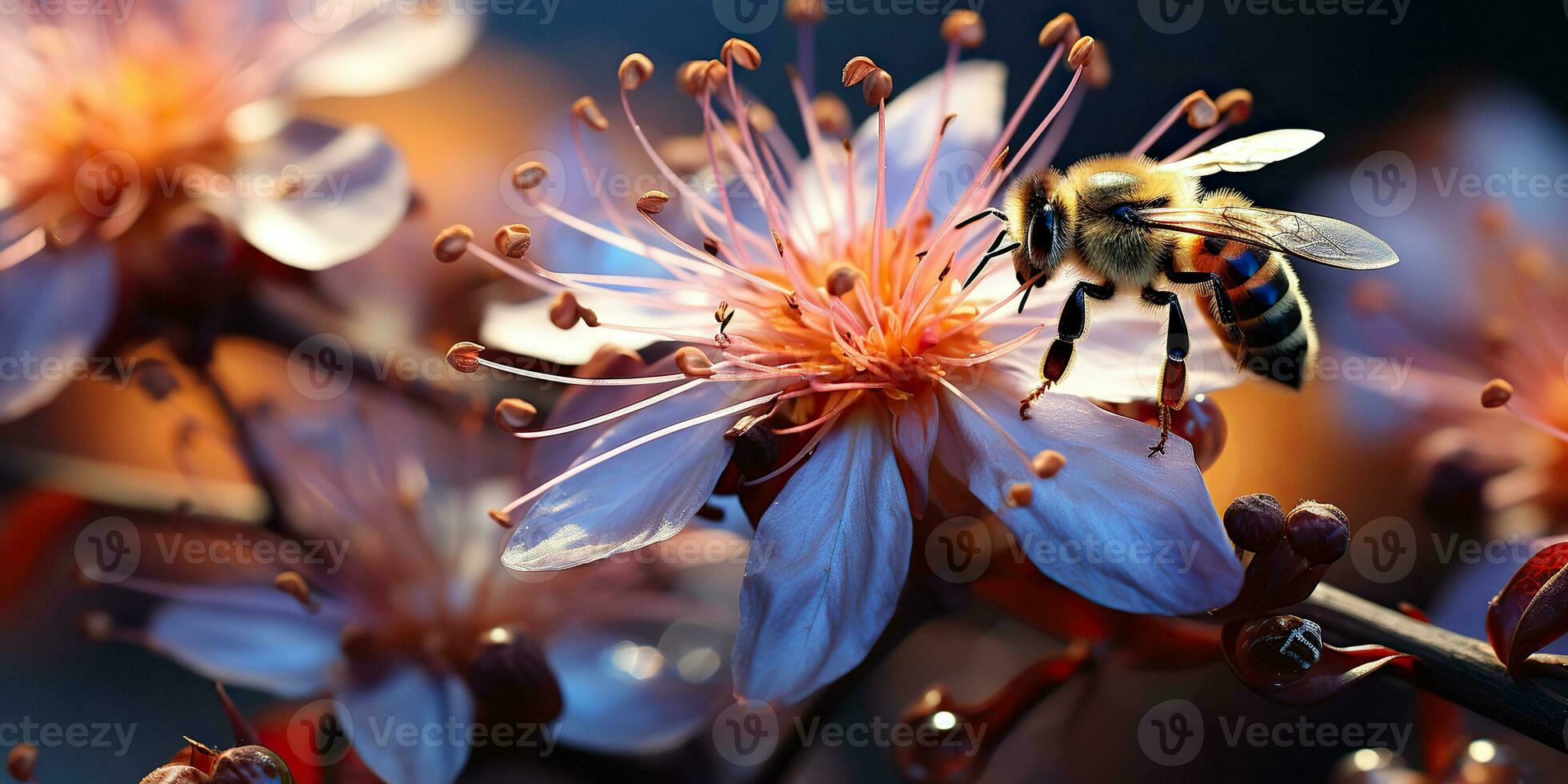 AI Generated. AI Generative. Nature outdoor wild flowers plant wild field flowers blossom with bee. Graphic Art photo